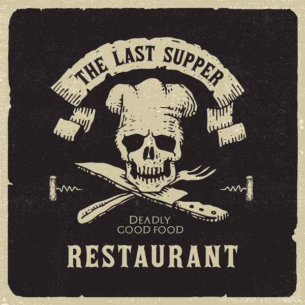 Dark Humorous Illustration Last Supper Restaurant Sign Chefs Hat Skull Stock Illustration