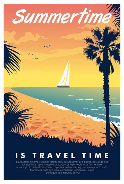 Vintage Style Poster Tropical Beach Sailboat Sea Text Summertime Travel Stock Illustration