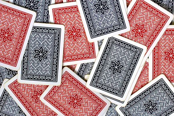 Texture Cartes Jouer Rouges Bleues Réparties Sur Une Table — Photo