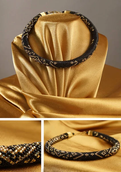 Pärlrep Fröpärlor Pärlhalsband Svart Med Guld Pärla Halsband Guld Satin — Stockfoto