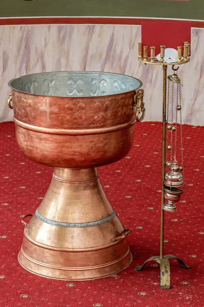 Orthodox Baptism Bowl Holy Water Candles Baptistery — Stock Photo, Image
