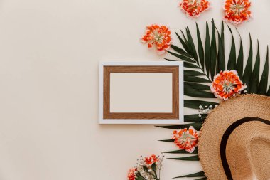 Yaz plaj aksesuarları pastel zemin üzerine düz yatıyordu çerçeve. Yaz tatil kavramı, sahte şablon