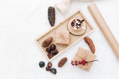 Düz yatıyordu Noel kompozisyon. Sıcak çikolata, tarçın, hatmi, hediye ve koniler beyaz arka plan üzerinde. Kış, Noel kavramı. Düz yatıyordu, en iyi görünümü