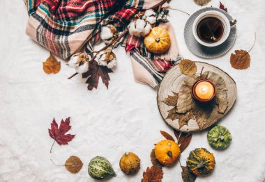 Sonbahar kompozisyon. Sıcak çay, rahat arka plan üzerinde sonbahar yaprakları. Düz yatıyordu, en iyi görünüm, kopya alanı.