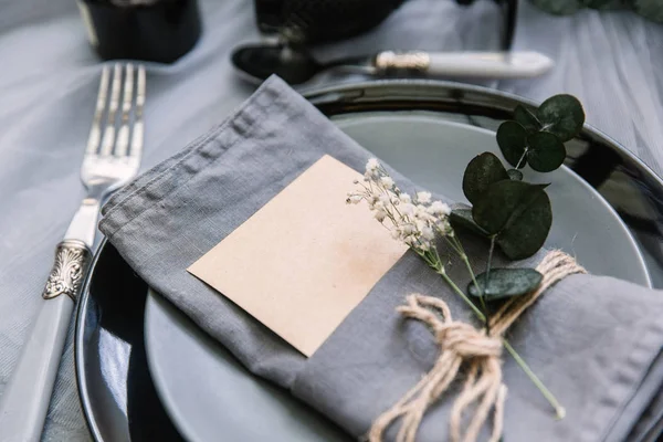 Nära Håll Utsikt Över Vackra Rustika Bröllop Event Dukning Med — Stockfoto