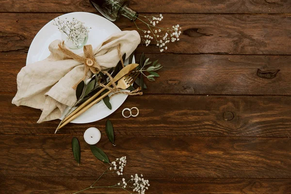 Rustic Wedding Table Decorations Wooden Table Top View Bohemian Wedding — Stock Photo, Image