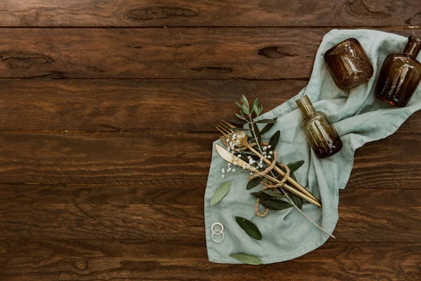 Rustic Wedding Table Decorations Wooden Table Top View Bohemian Wedding — Stock Photo, Image