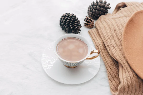 Flat Lay Feminine Accessories Sweater Hat Hot Coffee Cozy Home — Stock Photo, Image