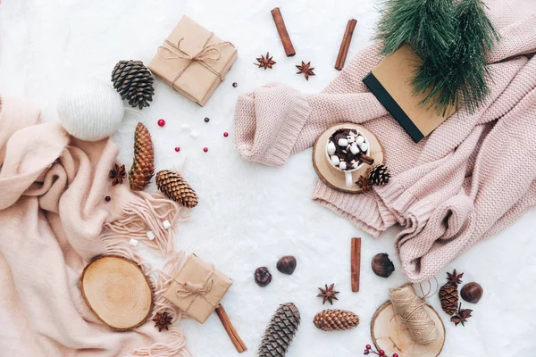 Flat Lay Cioccolata Calda Con Marshmallow Sciarpa Calda Concetto Blogger — Foto Stock