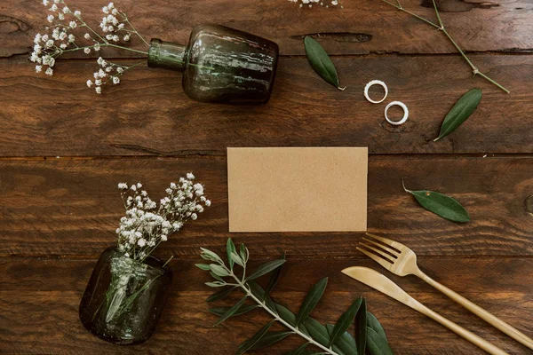 Flat Lay Wedding Arrangements Wooden Background Invitation Art Green Olive — Stock Photo, Image