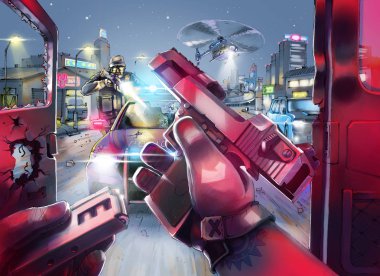 Gece polis Pursuit.The polis suçlu bir araç takip ediyoruz. O silahını yüklenmesi sırasında polis şüpheli bir tüfek ateş ediyor. İlk kişi görünümü.