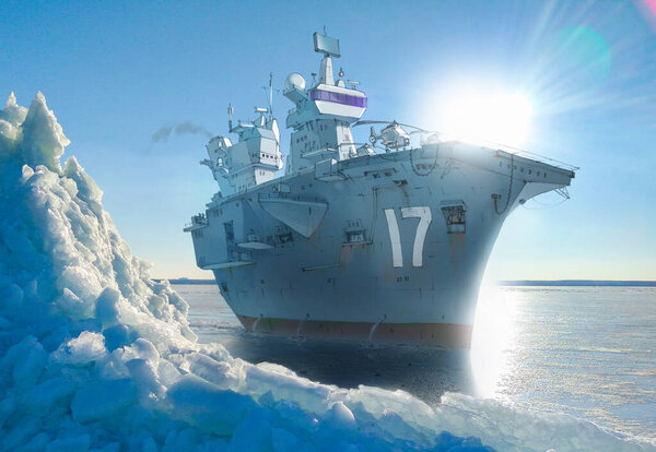 Realistic Detailed Raster Illustration Giant Warship Aircraft Carrier Cold Frosted Stock Picture