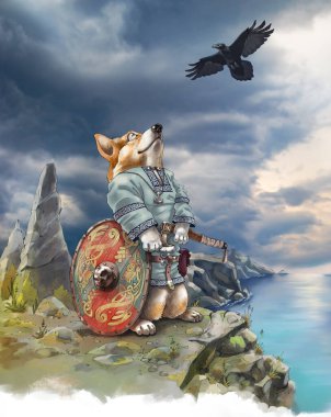 Deniz uçurumundaki köpek Corgi 'nin detaylı çizimi. Geleneksel Viking kıyafetleri giyiyor ve savaş baltası tutuyor. Arka plandaki gökyüzü fotoğrafı arşivimden alındı..