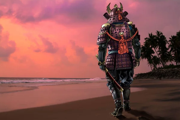 中世の伝統的な鎧を着た日本の武士の非常に詳細なラスターラスターのイラストは 夕日の空に対して海のビーチで歩いています 私のアーカイブからの写真は背景に使われています — ストック写真