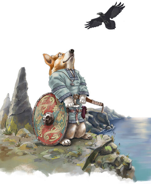 Detailed Illustration Corgi Dog Sea Cliff Wearing Traditional Viking Clothing Royalty Free Stock Images
