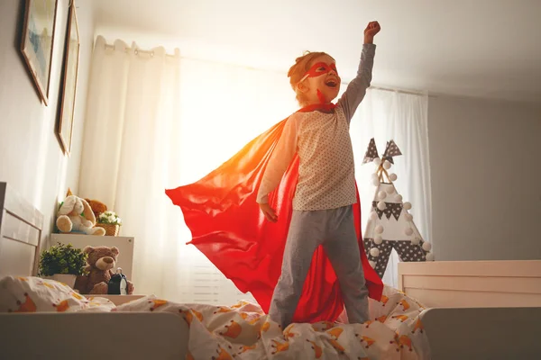 Child Girl Super Hero Costume Mask Red Cloak Hom — Stock Photo, Image