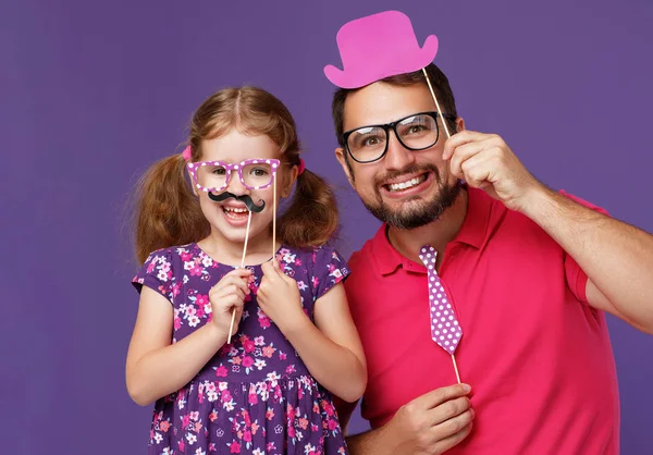 Boldog Apák Napja Vicces Apa Lánya Bajusz Bolondozás Körül Színes — Stock Fotó