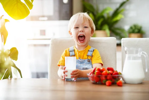 Glücklicher Kleiner Junge Isst Erdbeeren Mit Milch Bei Hom — Stockfoto