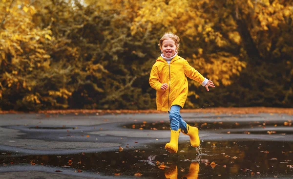 Happy Child Girl Umbrella Rubber Boots Puddle Autumn Wal — Stock Photo, Image