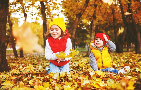 幸せな子供の男の子と女の子の秋の自然を楽しんで — ストック写真