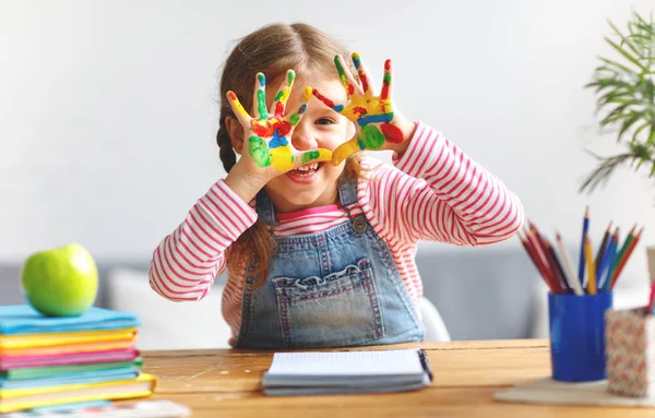 Happy Funny Child Girl Draws Laughing Shows Hands Dirty Pain — Stock Photo, Image