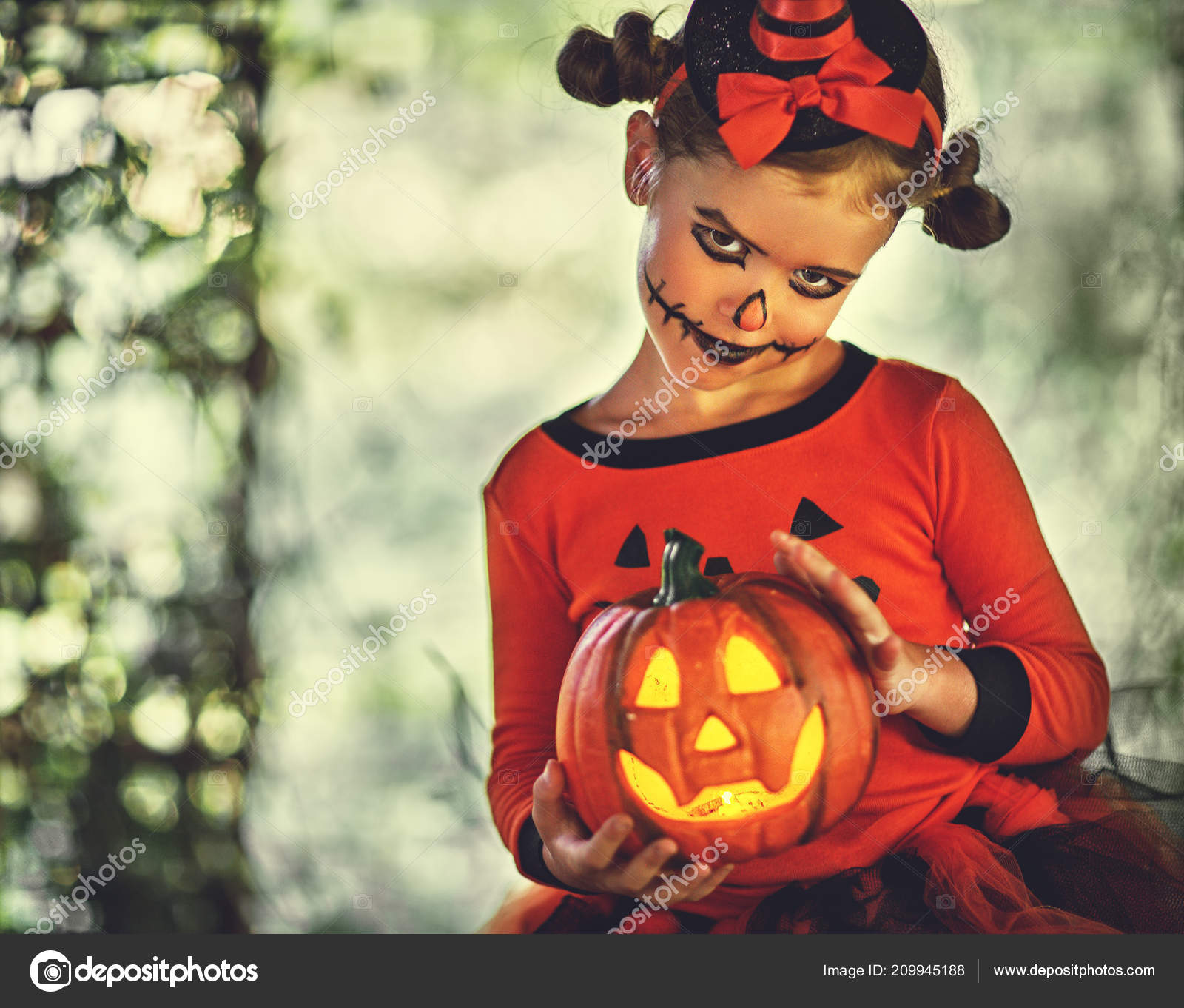 Happy Halloween Horrible Creepy Child Girl Pumpkin Costume Fores Stock Photo by ©evgenyataman 209945188