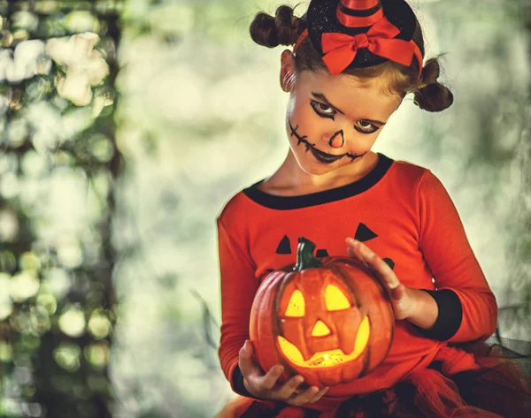 Boldog Halloweent Borzalmas Hátborzongató Gyermek Lány Erdő Tök Jelmez — Stock Fotó