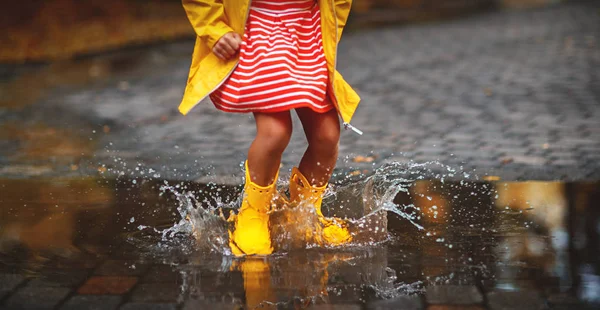 Happy Child Yellow Rubber Boots Puddle Autumn Wal — Stock Photo, Image