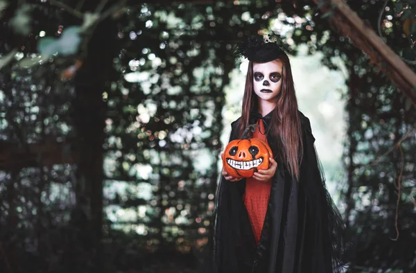 Happy Halloween Horrible Creepy Child Girl Witch Costume Pumpkin Fores — Stock Photo, Image