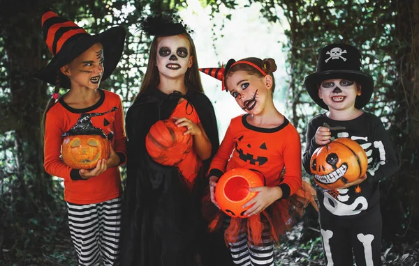 Vrolijke Halloween Een Groep Kinderen Pakken Met Pompoenen Fores — Stockfoto