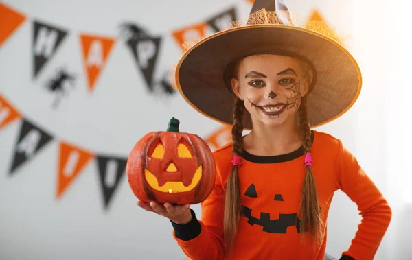 Happy Laughing Child Girl Pumpkin Costume Hallowee — Stock Photo, Image