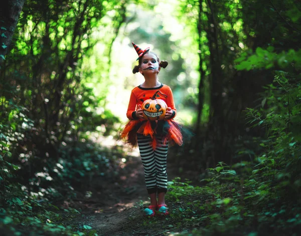 Feliz Halloween Horrible Espeluznante Niña Traje Calabaza Los Frentes —  Fotos de Stock