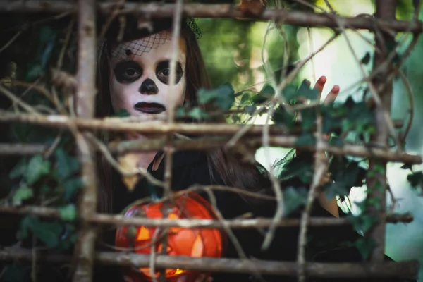 Happy Halloween Horrible Creepy Child Girl Witch Costume Pumpkin Fores — Stock Photo, Image