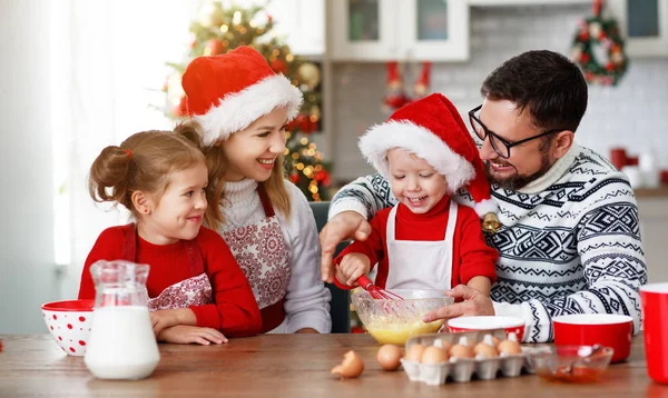 Happy Funny Mother Father Children Bake Christmas Cookie — Stock Photo, Image