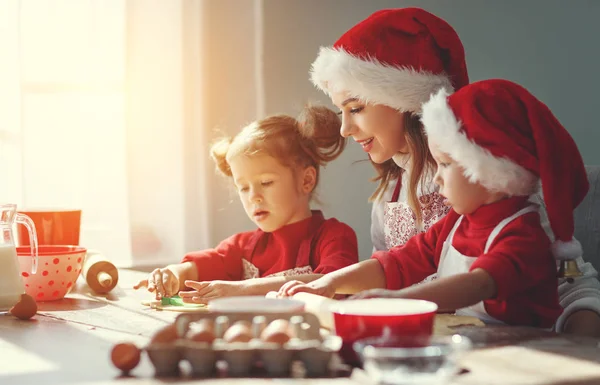 Happy Funny Mother Children Bake Christmas Cookie — Stock Photo, Image