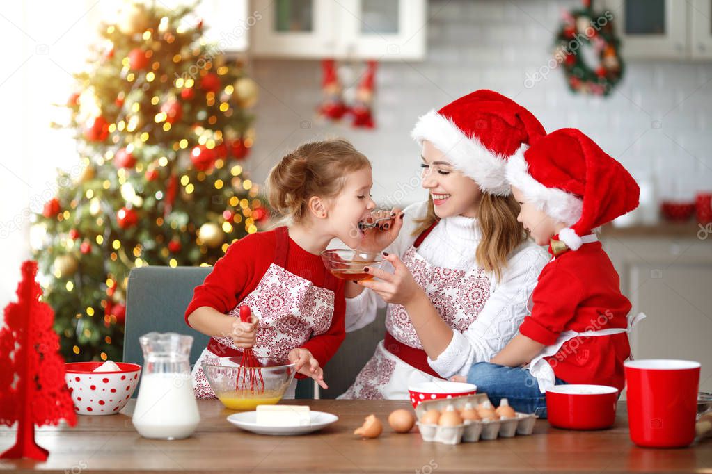 happy funny mother and children  bake christmas cookie