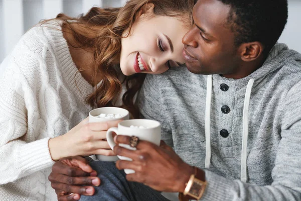 Happy Loving Couple Drinking Cocoa Winter Morning — Stock Photo, Image