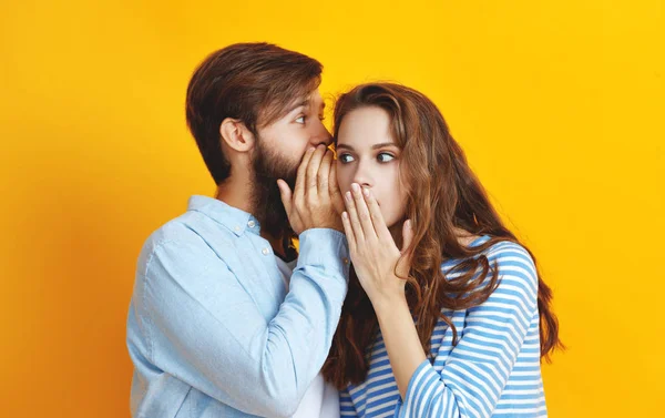 Couple Young Emotional People Man Woman Yellow Background — Stock Photo, Image