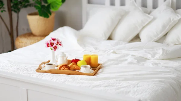 Breakfast Bed Coffee Croissants Orange Juice Fruit Tray — Stock Photo, Image