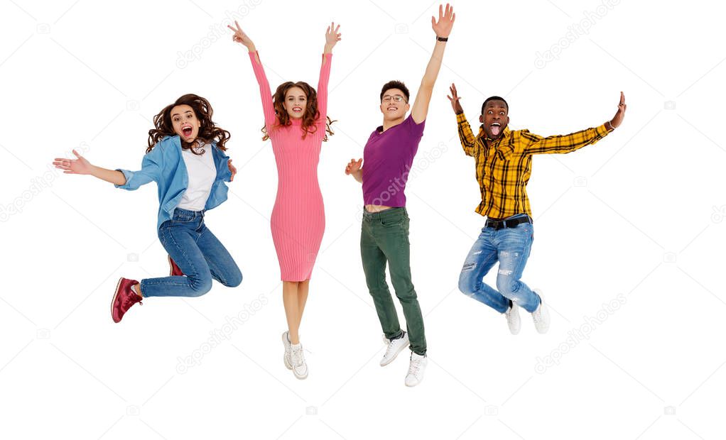 group of cheerful young people men and women multinational isolated on white background