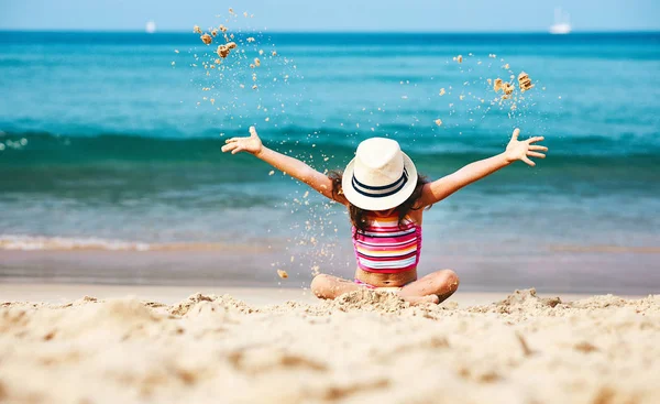 Happy Child Girl Swimsuit Hat Beach Sunse — Stock Photo, Image