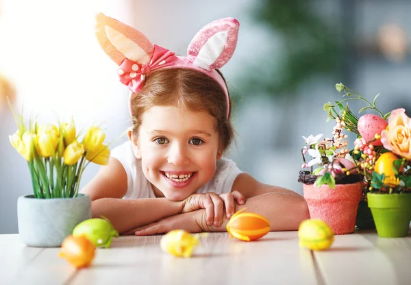 Happy Easter Funny Child Girl Rabbit Ears Eggs Home Kitche — Stock Photo, Image