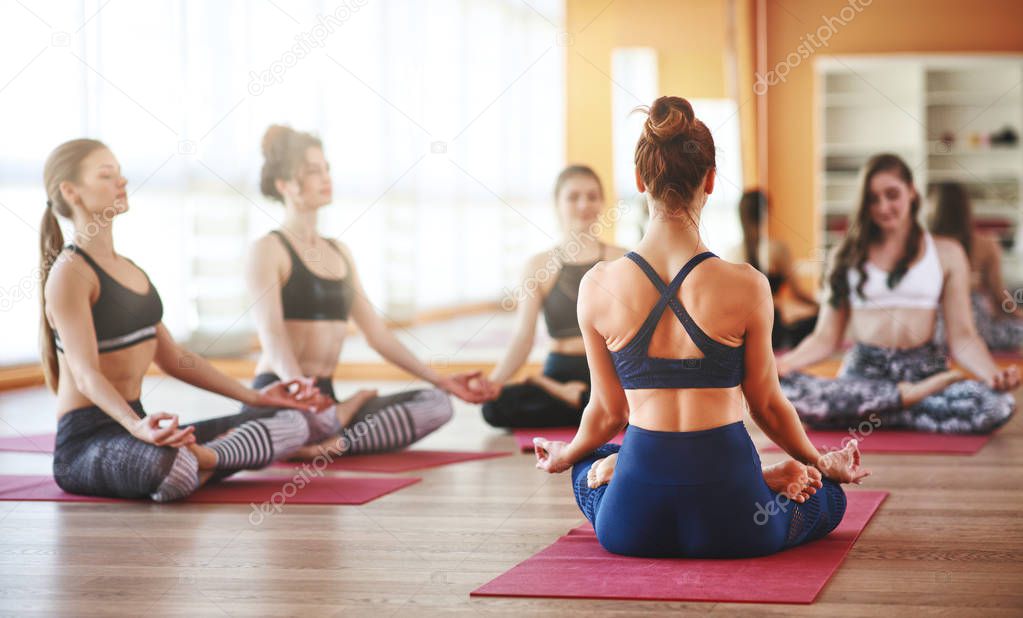 group of people engaged in yoga class meditate in Lotus position