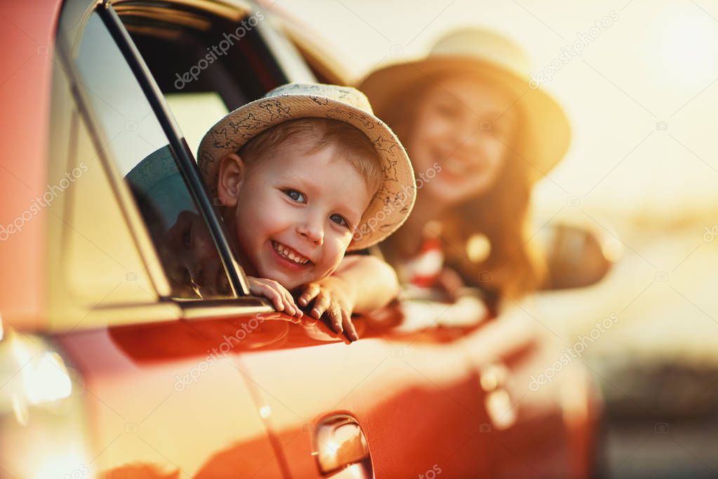 happy family mother and child boy goes to summer travel trip in 