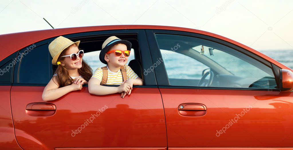 happy children girl and boy goes to summer travel trip in ca