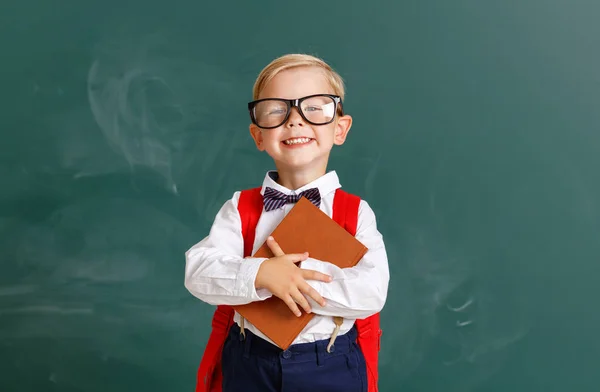 Funny child   schoolboy  boy student about school blackboard — Stock Photo, Image