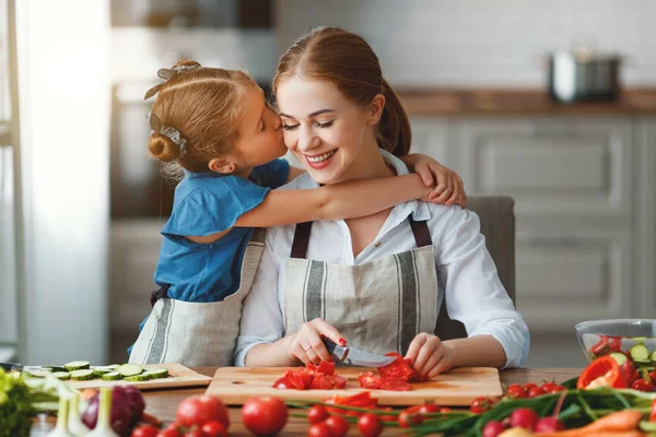 Ευτυχισμένη οικογένεια μητέρα με παιδί κορίτσι προετοιμασία σαλάτα λαχανικών — Φωτογραφία Αρχείου