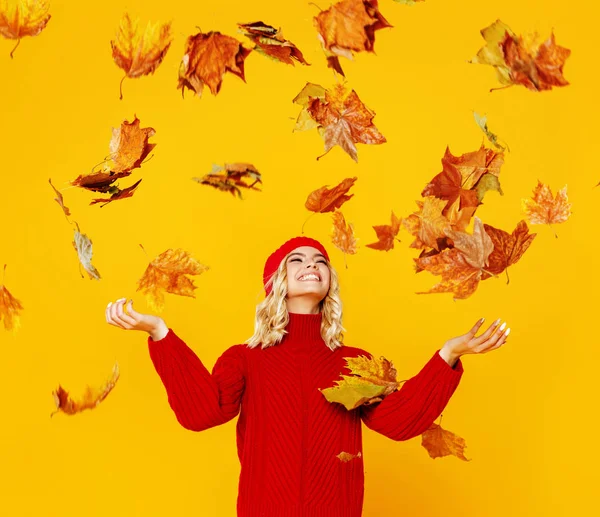 Happy emotional cheerful girl laughing  with autumn leaves and k — Stock Photo, Image