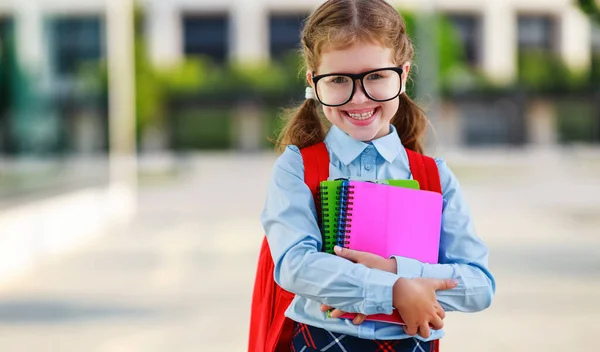 Happy Child Girl Schoolgirl Elementary School Student Going Clas — Stock Photo, Image