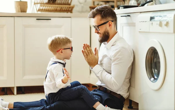 Happy Family Father Day Father White Shirt Hugs His Young — Stock Photo, Image